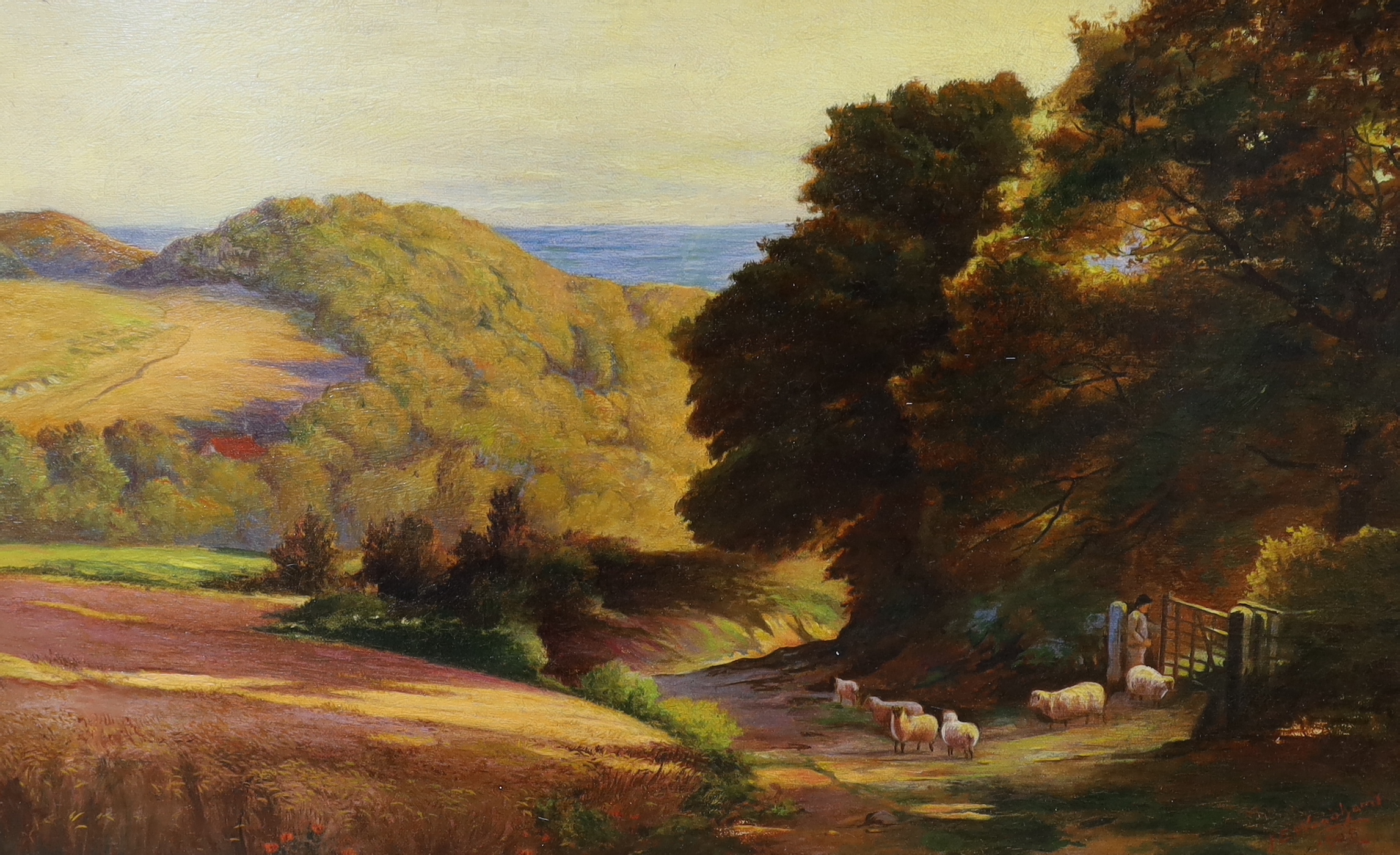 F. E. Woodbarns (19th / 20th. C), pair of oils on canvas, Autumn landscapes with shepherd and sheep, signed and dated 1908, each 54cm x 34cm, ornate gilt frames